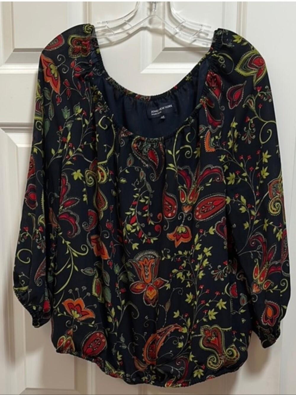 Jones New York Navy Floral-Patterned Long Sleeve Blouse